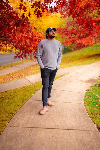Azar beneath autumn leaves, Snoqualmie, Washington