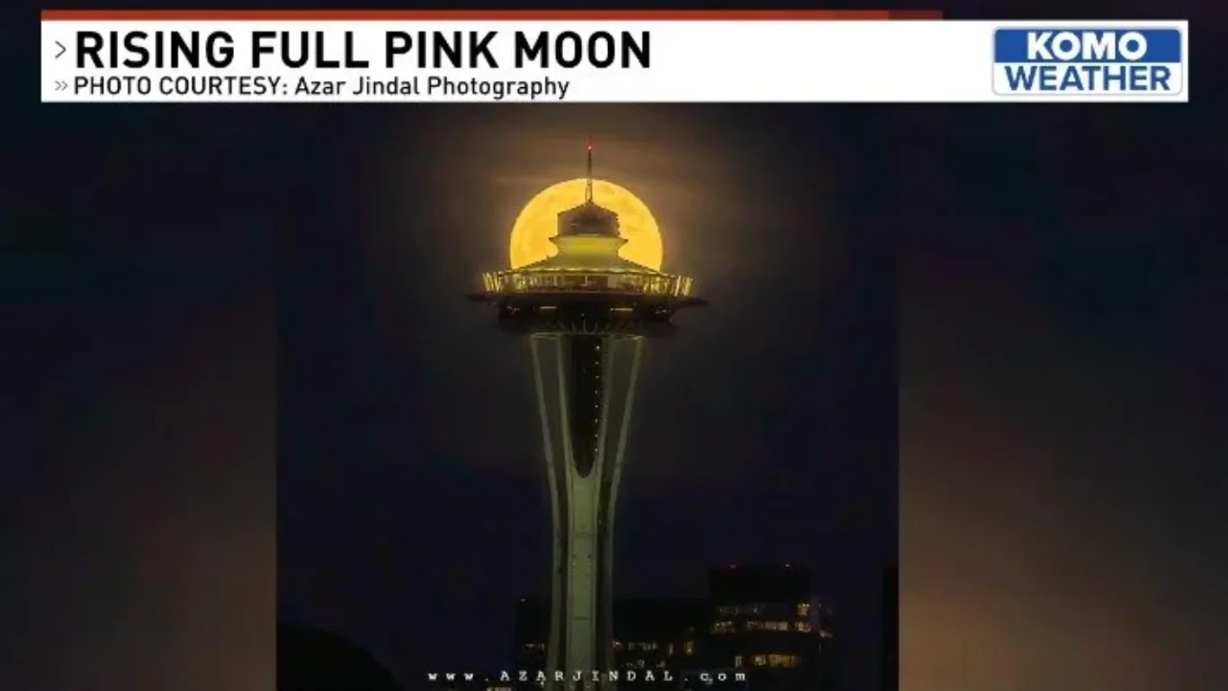 KOMO Weather broadcast: Rising Full Pink Moon, photo courtesy Azar Jindal Photography
