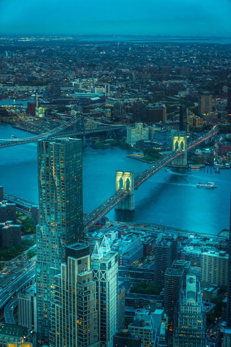 Lower Manhattan and the Brooklyn Bridge from above, New York City, New York