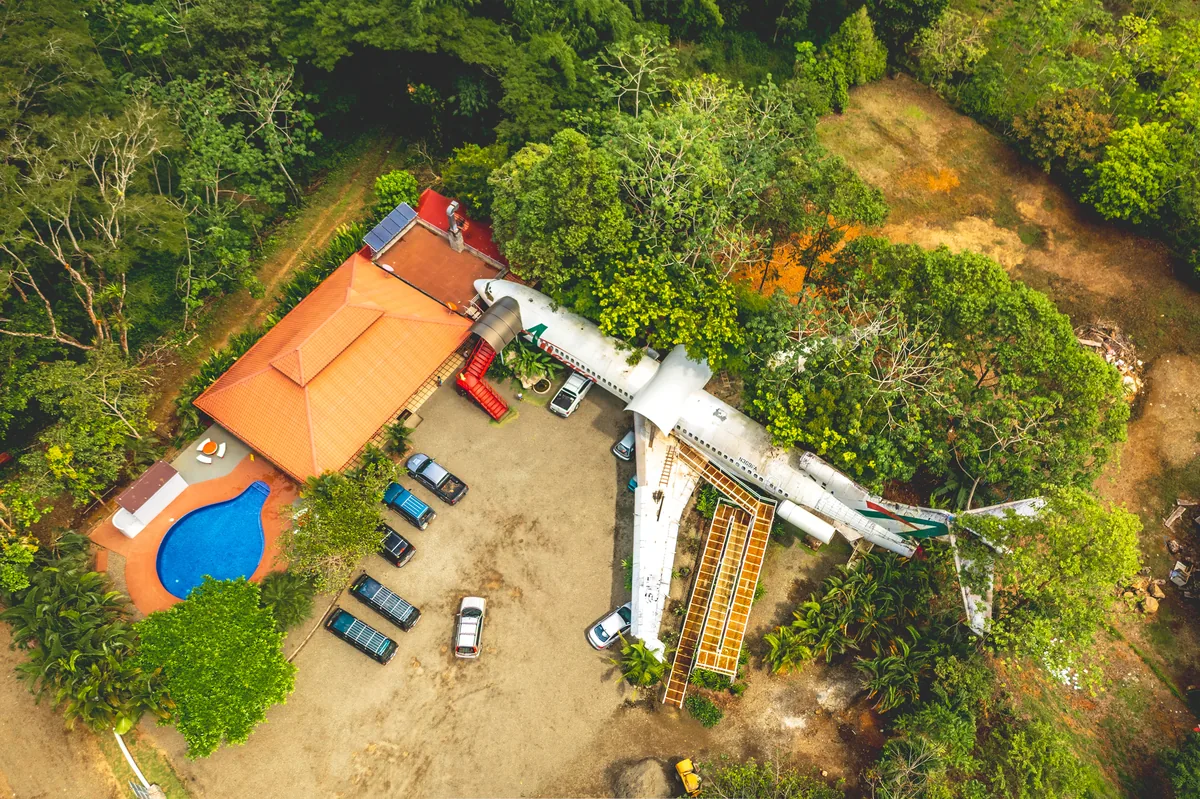 An airplane in the rainforest from above, Savegre, Costa Rica