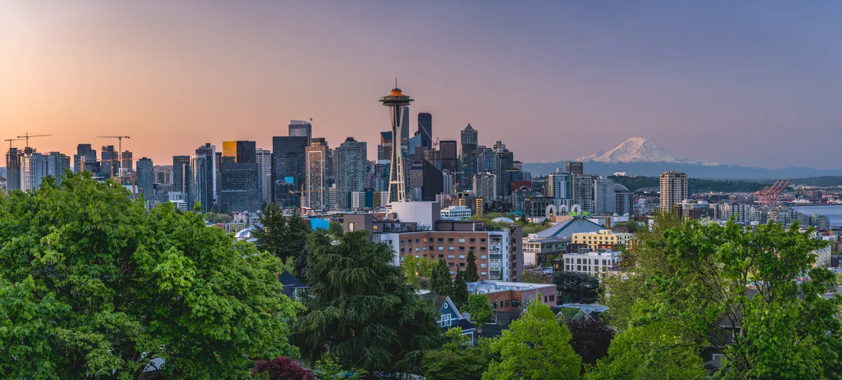 Seattle skyline in evening light, Washington