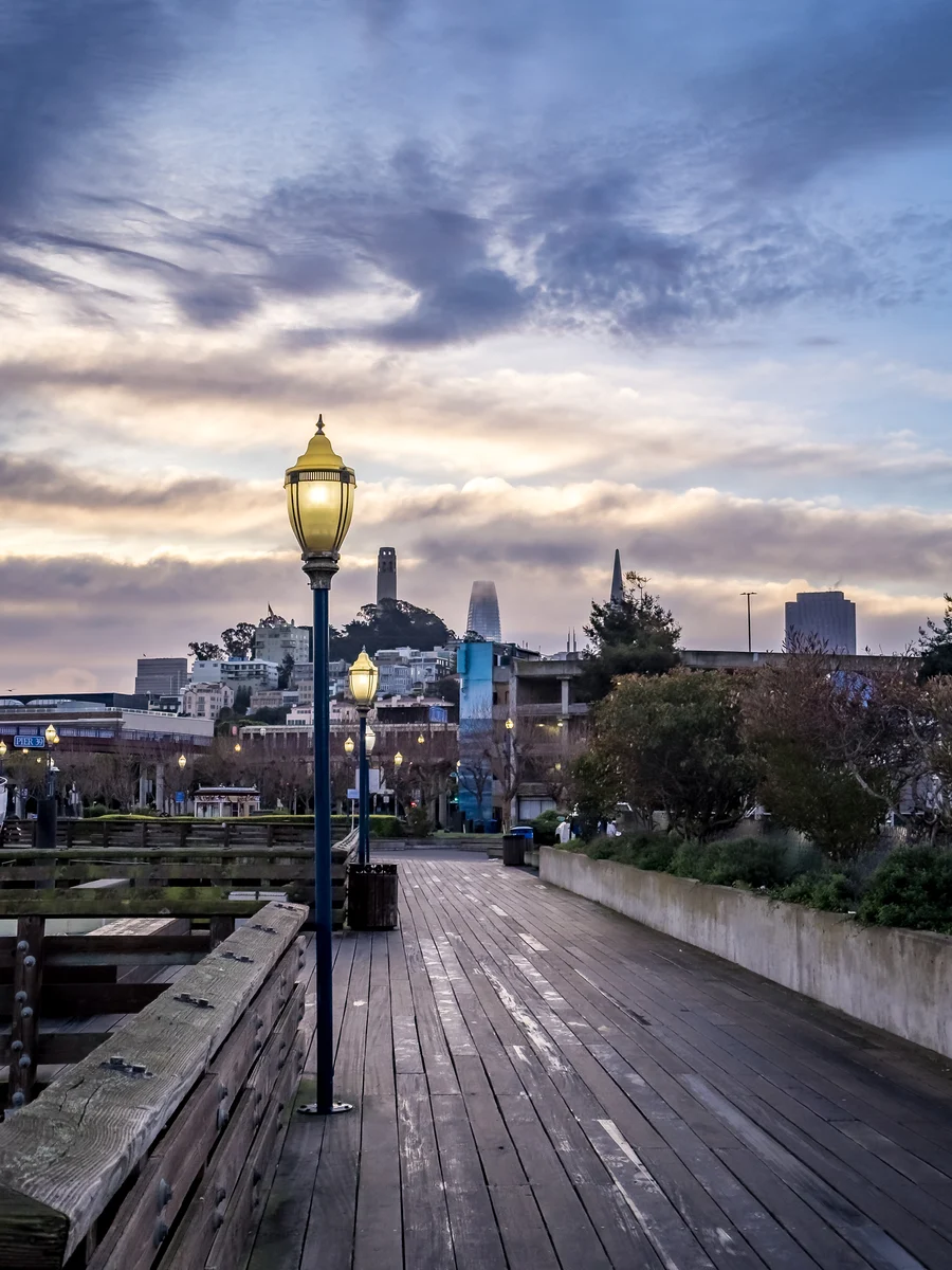 Pier lights at dusk, San Francisco, California