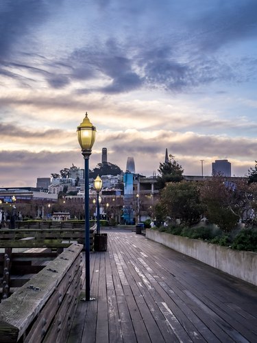 Pier lights at dusk, San Francisco, California