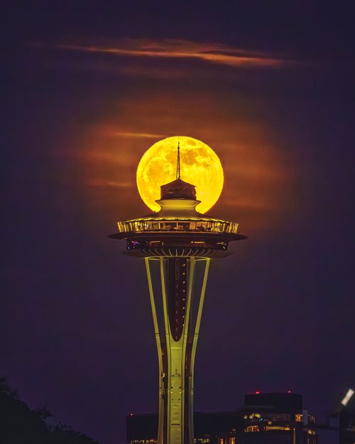 Pink Moon over the Space Needle, Seattle, Washington
