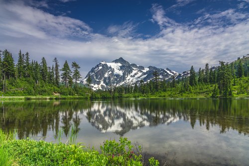 Mountain reflected in the forest lake, Deming, Washington