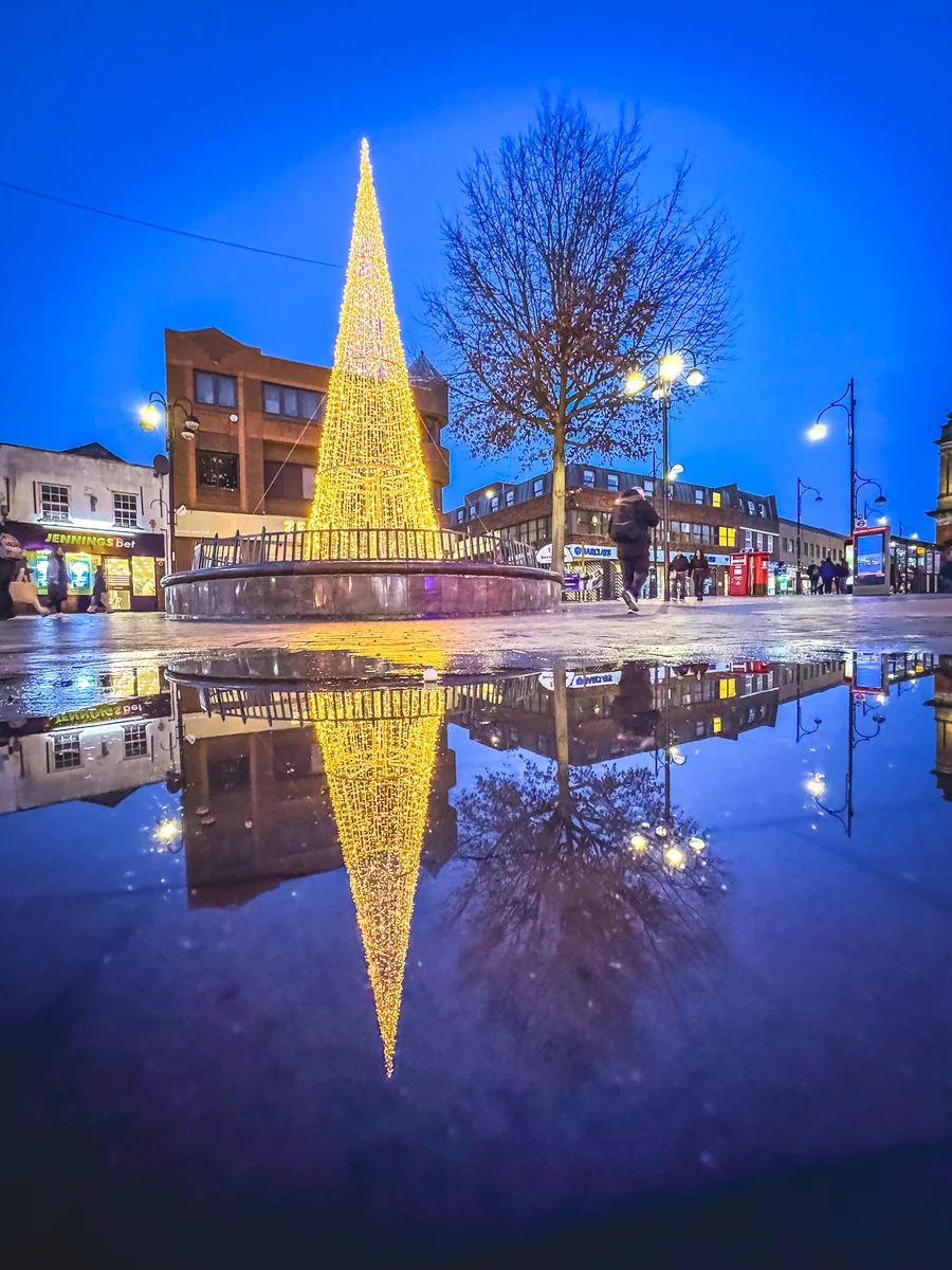 Holiday lights reflected at night, London Borough of Bexley, England