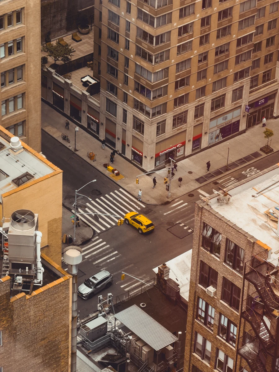 Yellow taxis at the intersection, New York City, New York