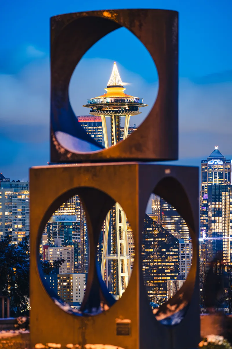 Space Needle through the sculpture, Seattle, Washington